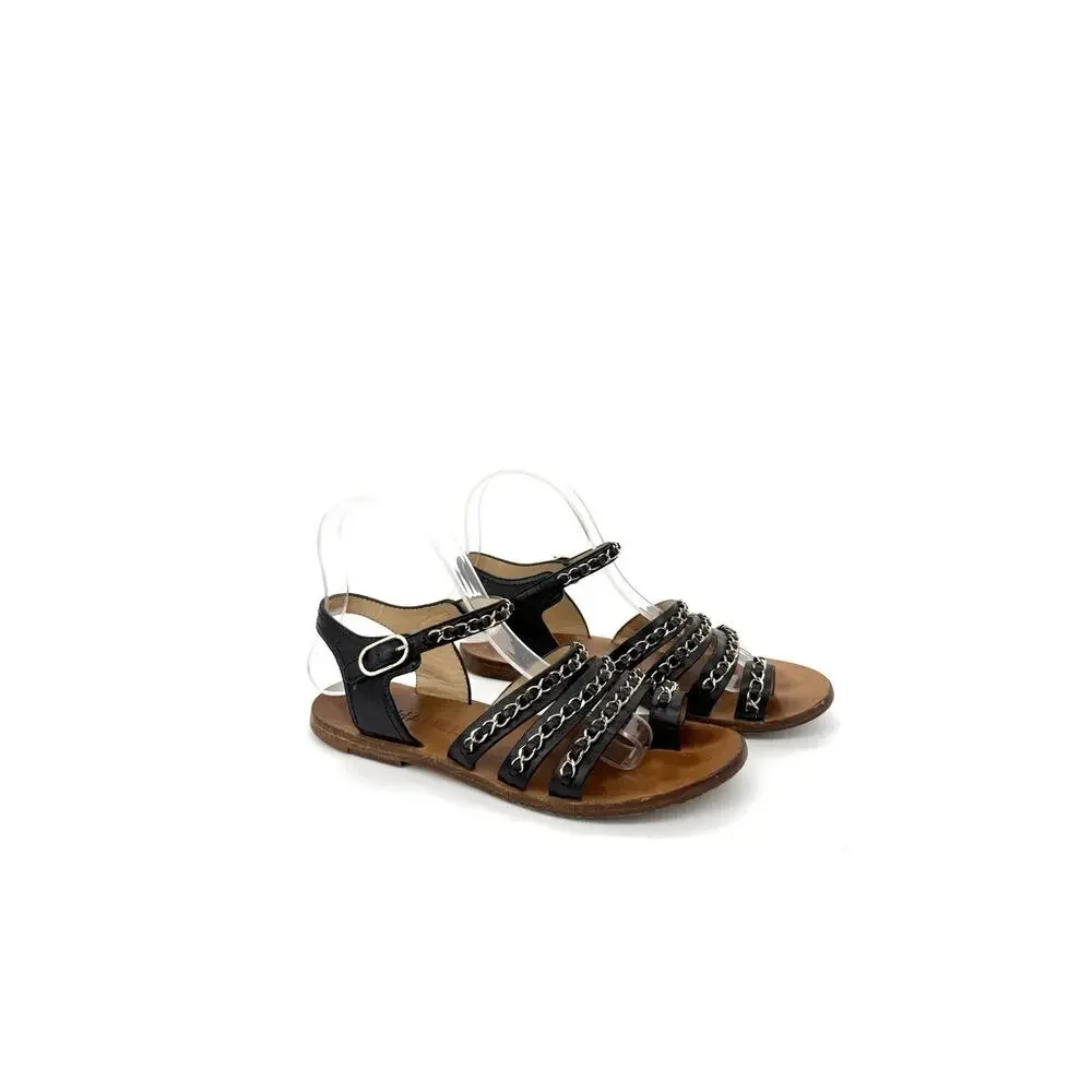 Chanel CC Logo Gladiator Sandals 37.5 US 7.5 Leather Multi Strap Chain Link - Picture 3 of 11